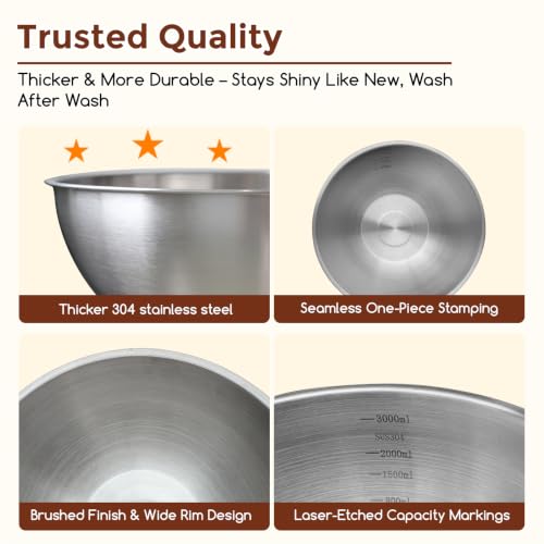 Gronivex Stainless Steel Mixing Bowls Set, 3-Piece (1.5, 2.2 & 3.4 Qt) - size: 3 Pcs, 1.5, 2.2 & 3.4 qt