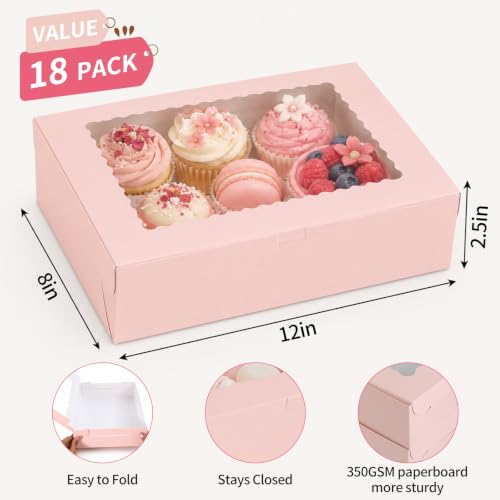18pcs Auto-popUp Pink Cookie Boxes with Window,12x8x2.5 Inch Bakery Boxes|Sturdy Large Treat Box For Pies Chocolate Strawberries Donuts Pastry Dessert |350gsm Food-grade Thickness Cardboard - color: Pink/18pcs