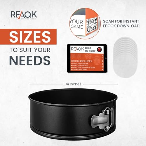 RFAQK 4 Inch Mini Cheesecake Pans Leakproof, 4pcs Small Nonstick Springform Pans with Removable Bottom, Includes 50pcs Parchment Papers, E-Book, Perfect for Baking Mini Cakes, Pizzas, Quiches & More! - size: 4-Inch