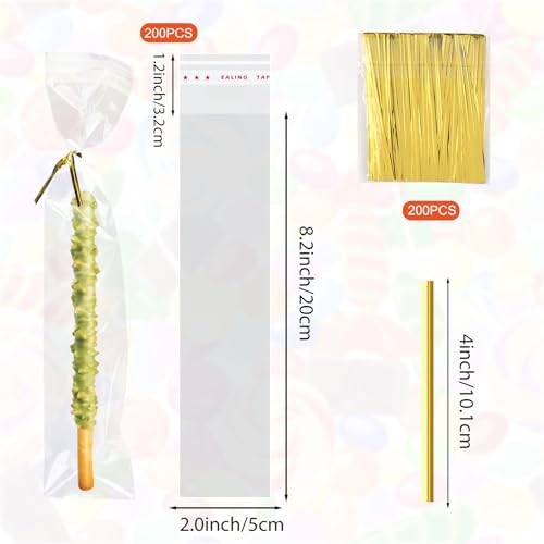 200 Pcs Pretzel Rod Bags Small Clear Individual Plastic Resealable Cellophane Treat Bags with Twist Ties for Chocolate Candies Cookies Candy Packaging Wrapping Gift Giving Party Favors - size: 2x8.2 Inches
