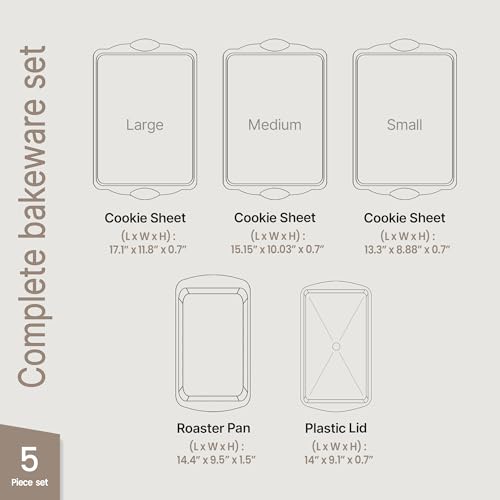 Nonstick Cookie Sheet Pans Set of 5 - Professional Quality Carbon Steel Baking Sheet Trays with Gray Coating Inside & Outside – Small, Medium, Large Pans, Roaster Pan, and Plastic Lid - color: Black, size: Multi-Size Set