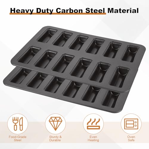 2 Pack Financier Cake Baking Pan, 12-Cavity Non-Stick Rectangle Muffin Pan, Carbon Steel Financier Cake Mold, Biscuits Cookies Bakeware for Oven Baking – Black