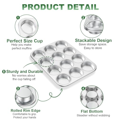 12-Cup Stainless Steel Muffin Pan, Cupcake Pan Metal Muffin Baking Tins for Oven & Dishwasher Safe, Cupcake Pans for Baking Non-toxic & Easy Clean Set of 2 ﻿