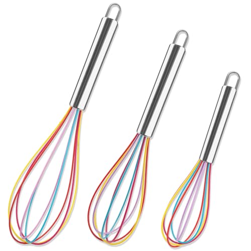 Silicone Whisk,Stainless Steel Wired Wisk Set 8" 10" 12",Heat Resistant 480°F,Perfect for Non-Stick Cookware, Kitchen Whisks for Whisking, Cooking, Baking, Beating & Frothing (Rainbow) - color: Rainbow