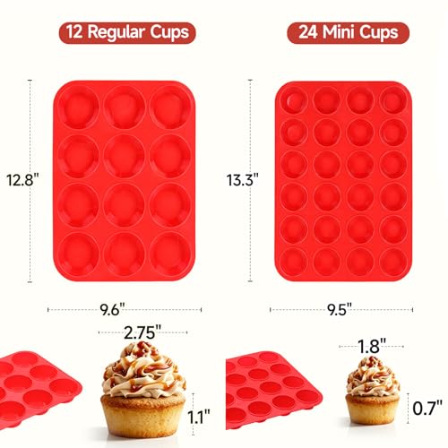 Silicone Muffin Pan, Mini Muffin Pan, Regular 12 Cups and Mini 24 Cups Cupcake Tin Set of 2 for Baking Egg Bites - size: 24-Cup Mini & 12-Cup Regular
