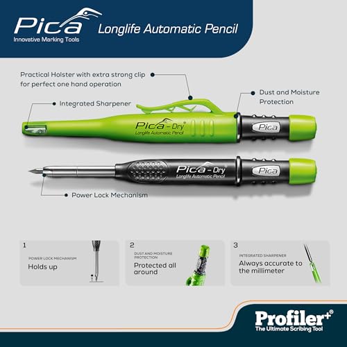 Profiler+ The Ultimate Precision Set Multifunction Scribing Tool - Pica-Dry Long-life Automatic Pencil & 8 Multi-Use Refill Leads, Official Brand Collaboration for Accurate Scribing and Marking