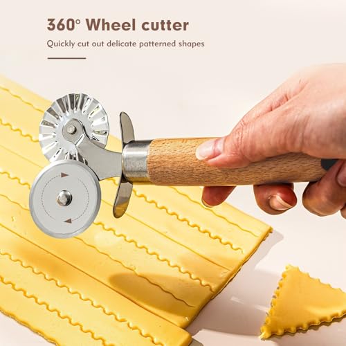 Pasta Cutter Wheel - Fluted Pastry Cutter Double Wheel Ravioli Cutter Tool with Wooden Handle for Pasta Pizza Ravioli Cookie