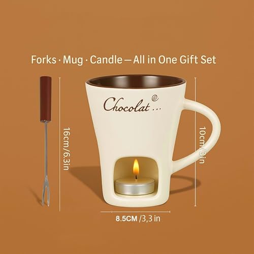Chocolate Melting Mug Cheese Candy Mini Fondue Pot With Forks (Brown) - color: Brown