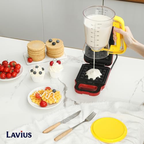 Pancake Batter Dispenser 5-Cup Batter Pourer for Maker Pancakes, Waffles, Crepes, Muffins, Cupcakes, Easy Squeeze Grip Handle with Proof Nozzle, Precise Baking Tools（Yellow） - color: Yellow