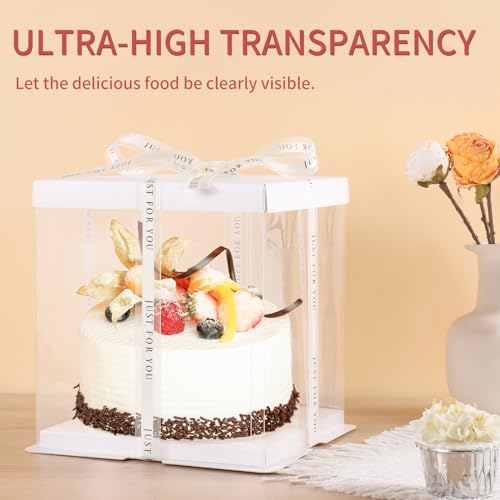 JCD 6 Pcs 2-Layer Tall Cake Packaging Boxes,8x8x9in Clear Cake Box with Ribbon,PET Cake Carrier Transport Container for Tiered Cake (White Lid, 8 * 8 * 9inch/6Pcs) - size: White Lid 8inch/6Pcs
