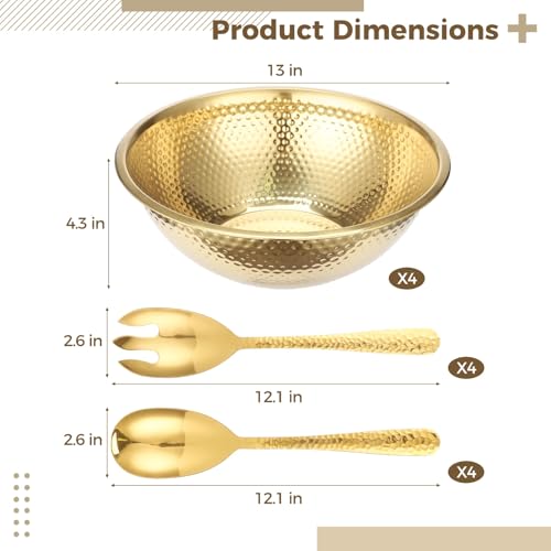 Joyibay 4 Pcs 13 Inch Gold Stainless Steel Salad Bowl Set, 8-Pc Utensil Set - color: 4pcs Gold Stainless Steel Bowl Set