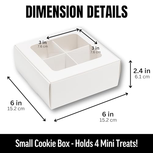 25 pcs White Mini Cookie Boxes with 4 treats Windows and Dividers, Bakery Boxes, 6 x 6 x 2.4 Inches SMALL Baking Boxes, Square Cookies Box Decorating Supplies for Gift Giving - color: White