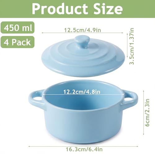 4 Piece Ceramic Cocotte Set, Mini Casserole Pots, 16 Oz, Sky Blue