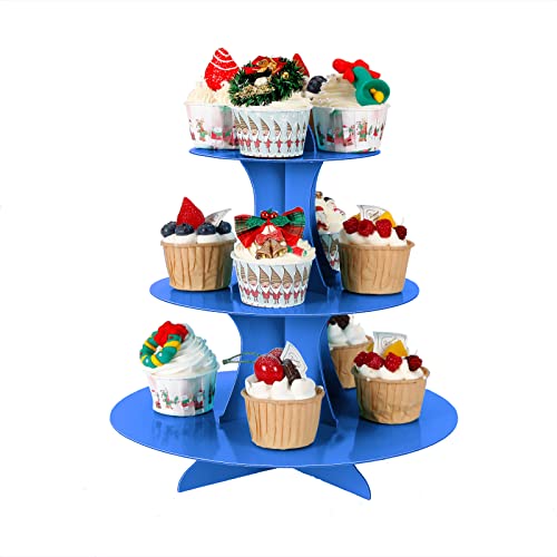 YLDW Cupcake Stand, 3-Tier Cupcake Stand Display, Cardboard Cup Cake Tower Stand, Disposable Dessert Stand for Birthday Tea Party Baby Shower Treat Decorations, Blue - color: Blue