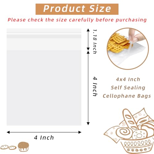 4x4 Inch Cookie Bags, 120 Pcs Clear Self Sealing Cellophane Treat Bags for Candy, Jewelry, Gift Wrapping, Party Favors, Crafts, Cookie Wrappers Self Adhesive - size: 4x4 Inch