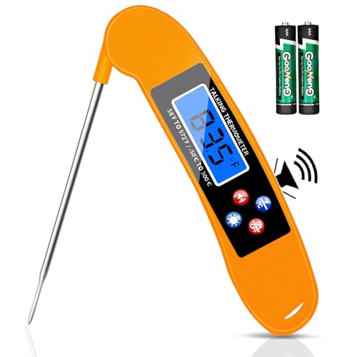Digital Talking Thermometer for The Blind, Orange Waterproof Instant Read Food Thermometer with Talking Function and Backlight, Meat Thermometer with Probe for Cooking and Grilling, and More - color: Orange
