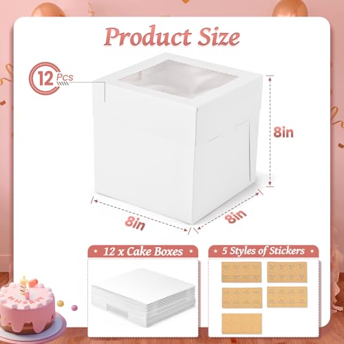 12Pcs 8x8x8 Inches Cake Boxes, White Square Bakery Boxes with Window - color: White, size: 8x8x8inch
