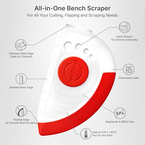 NexTrend red 5-in-1 flexible dough and bowl scraper with stainless-steel edge and integrated ruler - color: Red