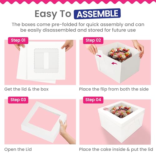 RICCLE 15pcs Cake Boxes, 10x10x8 Inches Tall Cake Box with Window, Large White Bakery Boxes, Baking Boxes, Square Cardboard Cake Box for Multi-Layer Cakes, Cake Decorating Supplies, Valentines Day - size: 15 PCS - 10×10×8
