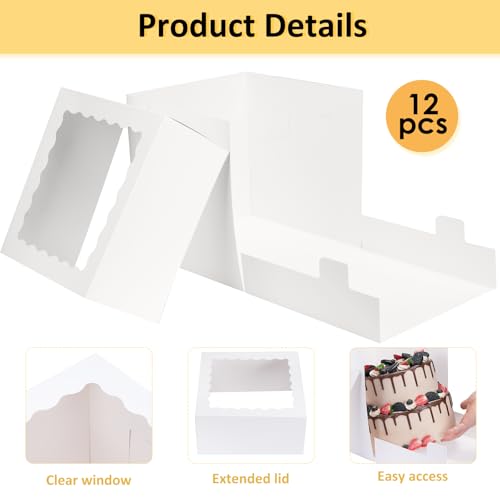 Moretoes 12pcs 12”x12”x12” Cake Boxes, Tall Bakery Box for Tier Cakes