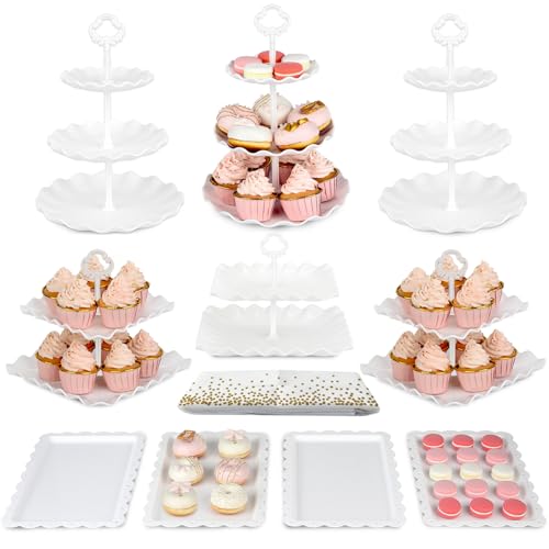 Pack of 11 NWK Cake Stand Set of Cupcake Stand, Tray & Table Cloth (White) - color: White