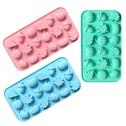 3Pcs 18-Cavity Autumn Harvest Themed Silicone Mold 3D Pumpkin Maple Leaf Chestnut Shaped Chocolate Biscuit Candy Mold, Thanksgiving Silicone Molds for Cake Decoration