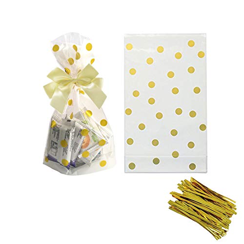 Gold Polka Dot Clear Cello Candy Favor Bags,Cellophane Cookie Treat Plastic Bags,With Gold Twist Ties, Pack of 50 - color: Gold Polka Dot/50PCS