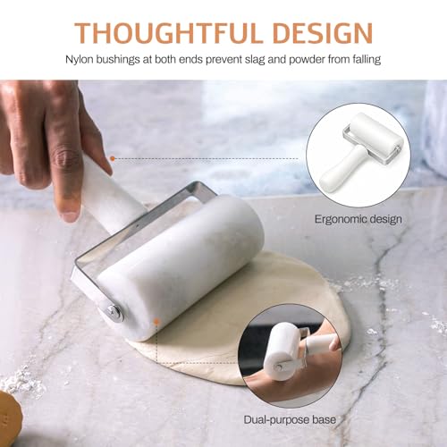 Smooth Marble Rolling Pins, T-Type Small Rolling Pin with Marble Handle, Non-Stick Pastry Roller for Pizza, Cookies, Tortilla, Fudge & Cake Baking, Compact Dough Roller for Bakers & Chefs(White)