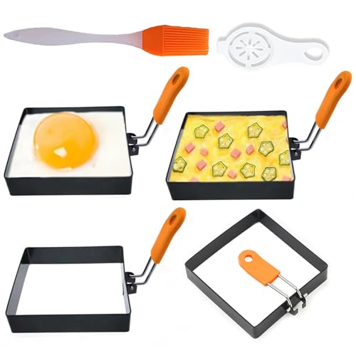 Large 4 Pcs 4 Inch Sqaure Egg Ring for Griddle Frying Egg,4" Non-stick Stainless Steel Square Egg Mold,Square Omelet Ring Pancake Mold Maker With Silicone Insulated Handle Oil Brush & Egg Separator - size: 4 Pieces Square 4 Inch