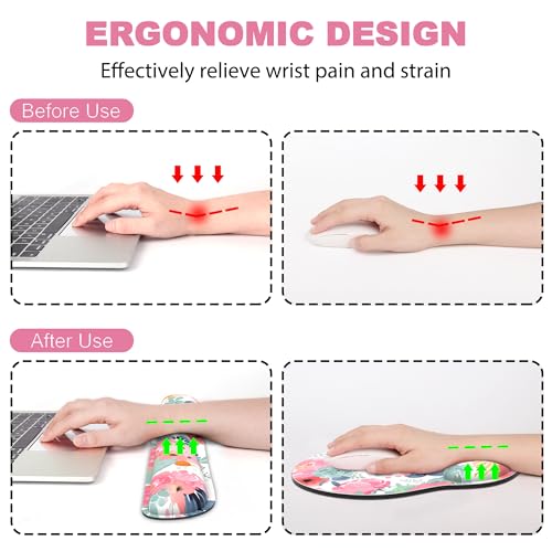 Ergonomic Mouse Pad with Wrist Rest and Keyboard Wrist Rest, Mousepad - color: Pink Floral