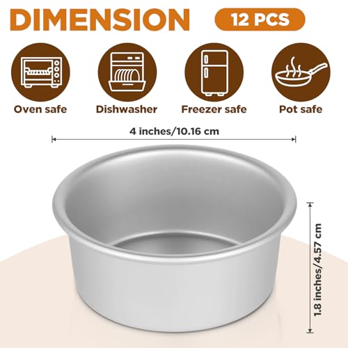 12 Pcs 4 Inch Round Cake Pans, Nonstick Aluminum Mini Cake Pans for Cheesecake, Pizza, Quiche, Leakproof & Easy Release, Silver