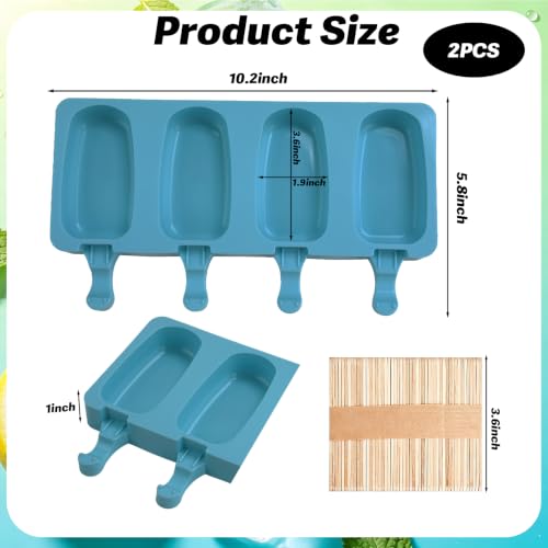 Silicone Popsicle Molds, 2 Pcs Blue Popsicles Molds, 4 Cavities Ice Cream Mold with 50 Wooden Sticks for Making Cakesicles Fudgesicle Candy DIY Cake Ice Pop Summer Party Supplies - color: Blue