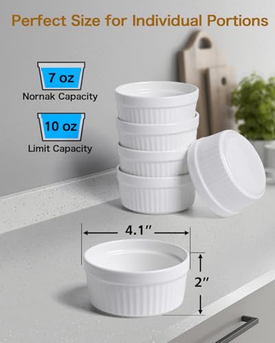 7 oz Ramekins Set of 6, Oven Safe Porcelain Ramekin Bowls for Creme Brulee, Souffle & Custard, Dessert Cups & Dipping Sauce Dishes, Stackable, Soft White - size: 7 oz