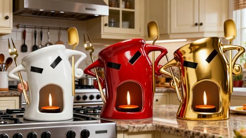 Golden Ceramic Fondue Cup Set w/Built-In Fork & Spoon