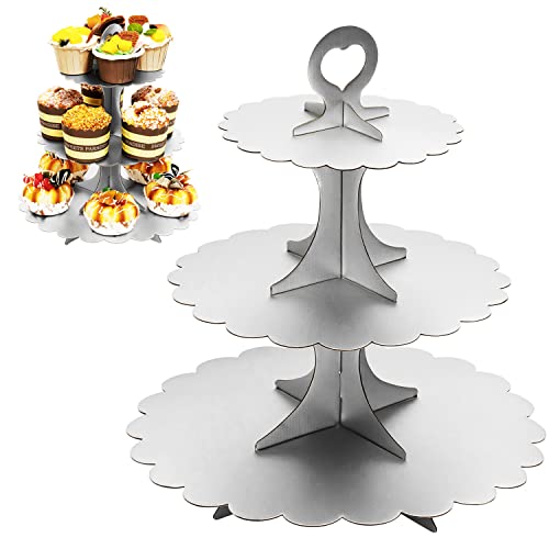 3-Tier Silver Matte Cupcake Stand 2 Pack, Cardboard Dessert Display for Weddings, Parties Events, Easy to Assemble Tiered Cake Stand - color: Silver 2 Pack