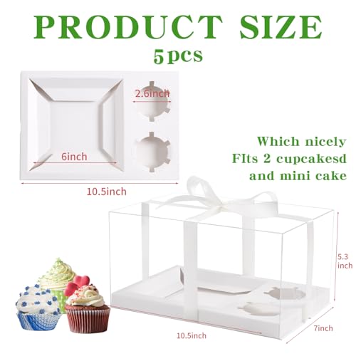 5 Pack Bento Cake and Cupcake Box with Gift Ribbon,Clear Window 1+2 Combination Bento Boxes,4-5in cake and 2 Cupcakes Combo Box Rectangle Cupcake Holder for Birthday Party Baking Supplies (1+2/5Pcs) - size: Clear 1+2/5Pcs