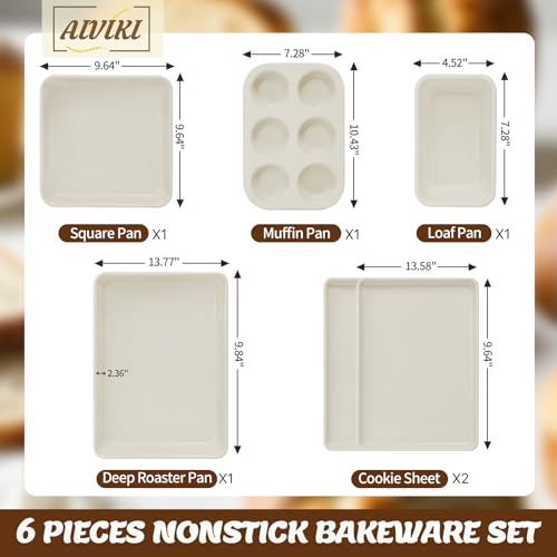 Baking Pans Set, Nonstick Bakeware Sets, Oven Pans for Cooking, AIVIKI 6 Pieces Baking Set Including Cookie Sheet, Deep Roaster Pan, Square Pan, Loaf Pan, Muffin Pan, Carbon Steel Baking Set - color: Cream White