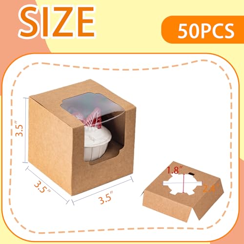 BOOMIBOO 50 Pack Individual Cupcake Containers, Cupcake Boxes with Window - color: Brown