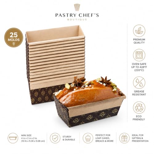 Pastry Chef's Boutique Disposable Rectangular Paper Loaf Pan Molds, All Natural Made, Recyclable, Microwave and Oven Safe, Display Cake Mold - 4''x2''x2'' - 25pcs - size: Mini 4''x2''x2''
