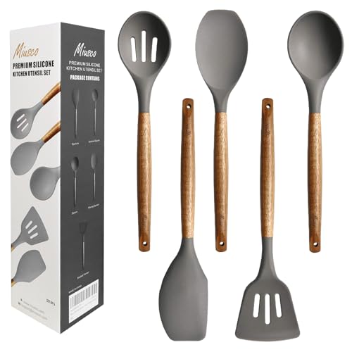 Kitchen Utensils Set, Silicone Cooking Utensils Set,Non-Stick Silicone Spatula Set with Natural Acacia Hard Wood Handle, 5 Piece, Upgraded Thickened Cookware - color: Gray