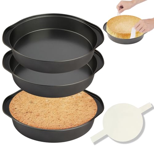 8" Round Cake Pan, 3PCS Nonstick Cake Pans with 100 PCS Parchment Paper, Carbon Steel Cake Baking Pans with Handle, Dishwasher Safe - size: 8 Inch - A