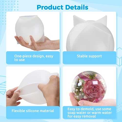 Sphere Resin Molds, 2 Pcs One-Piece 3D Silicone Globe Molds, Sphere Resin Casting Moulds, Large Ball Shape Epoxy Resin Molds for DIY Sphere Crafts, Flower Keepsakes, Home Decor