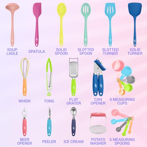 Kaluns 24 Pcs Silicone Cooking Utensils Set - Can Opener, Masher, Turner, Spatula, 446F Heat Resistant, Non-Stick, Premium Silicone & Stainless Steel - color: Mixed Colors