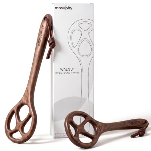 Premium Walnut Danish Dough Whisk, 12 Inch Solid Wooden Dough Whisk for Sourdough Whisk, Handheld Bread Whisk for Baking, Heavy Duty Pastry Batter Mixer Tool