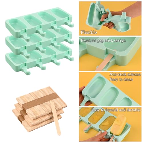 Sakolla Large Oval 4 Cavities Silicone Popsicle Molds, Set of 3 - size: 3 Pcs Large - Green