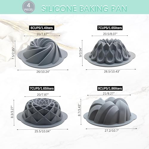 Tongjude 4 Pieces Silicone Fluted Cake Pans, 6/7/8 Cups Tube Baking Pan, Non-Stick Kitchen Oven Baking Pans, Silicone Molds for Homemade Cake, Bread and Jello, Grey - size: 4pcs fluted cake pans (6/7/8 Cups)
