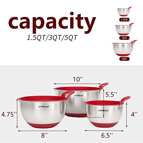 Hillbond Stainless Steel Mixing Bowls with Lids Set, Set of 3, Red - color: Red