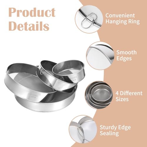 4 Pack Flour Sifter with Hanging Ring, Stainless Steel Fine Mesh Strainers, 5.9”/7.9”/10”/11.8” Round Sieve for Baking Cake Bread, 40 & 60 Mesh (Silver)