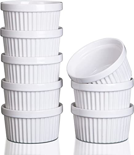 8 Oz Ramekins Set of 8, Ceramic Ramiken Oven Safe, Stackable Souffle Cups, Creme Brulee Ramekins for Baking, Dessert, Ice Cream, Snack, Souffle Dishes (White)