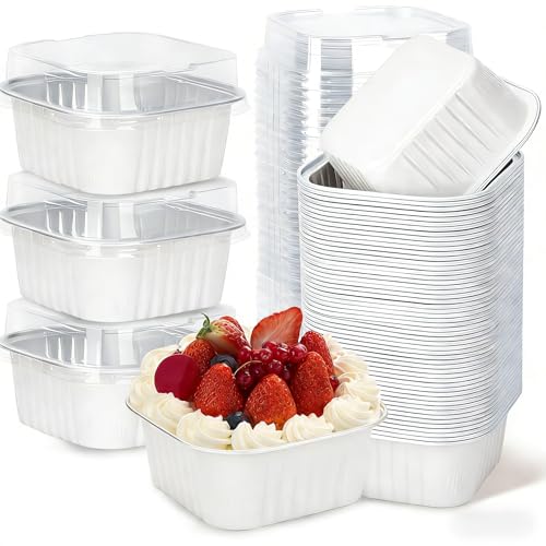 60Pack 5oz White Mini Cake Pans with Lids Baking Cups Aluminum Foil Pans Tins, Individual Dessert Cups Containers for Sales,Party,Picnics - color: White